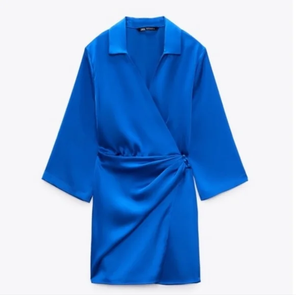 Zara Wrap Front Satin Effect Blue Dress NWT - Picture 2 of 9